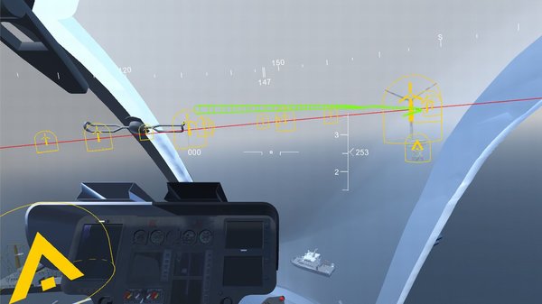 Rendering Anflug auf alpha ventus bei starkem Nebel mit Augmented Reality-Unterstützung für den Hubschrauber-Piloten, Copyright DLR AVES HELMA 2017